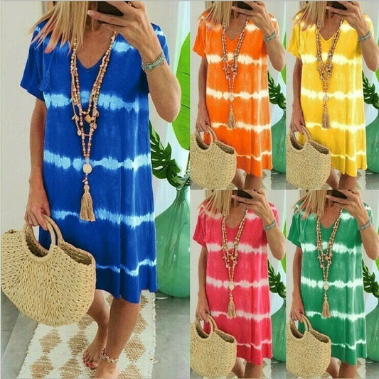 👗 50% הנחה עכשיו! 🌈 שמלת טי-שירט עם שרוולים קצרים בפסים בסגנון טיי-דיי – רכה וזורמת – מושלמת לקיץ, לחוף הים או לימים נינוחים – נוחה ומסוגננת 🌊✨