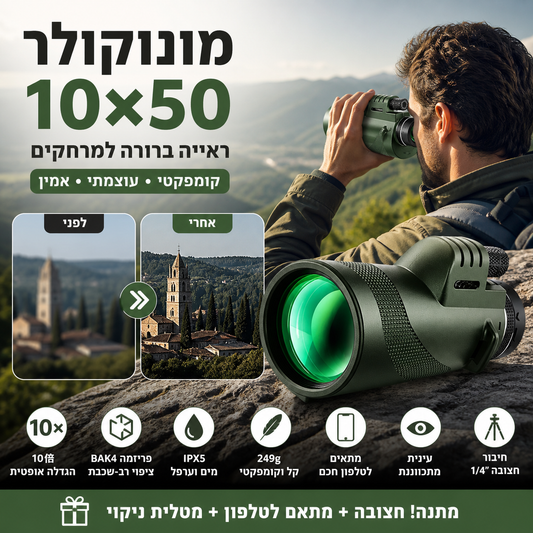 🔭 משקפת 10x בדרגה צבאית – BAK4, עמידה למים, קלה (249 גרם). מושלמת לציד, לצפרות ולצילום! 📸✨