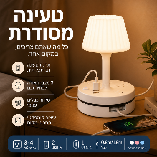 💡 מנורת לילה עם עמדת טעינה – תאירו והפעילו את שידת הלילה שלכם 🔌