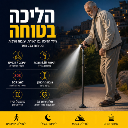 🦯 מקל מתקפל רב‑תכליתי לקשישים – אלומיניום, תאורת LED, כפתור מצוקה, 4 נקודות תמיכה. גובה מתכוונן – ביטחון בטיולים ובשטח! 🔦🚨