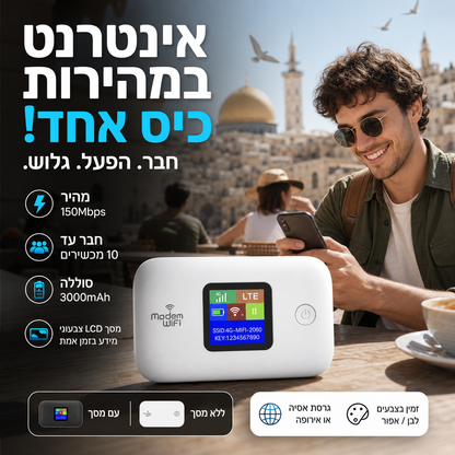 📶 נתב WiFi נייד – מהירות גבוהה, מחבר את כל המכשירים באופן אלחוטי. קומפקטי, קל משקל, סוללה של 3000mAh, 12 שעות פעולה – מושלם לנסיעות! ✈️🔋