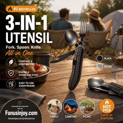 🍴 סט סכו״ם מתקפל 4‑ב‑1 – סכין, מזלג, כף ופותחן בקבוקים. נירוסטה – מושלם לקמפינג! 🏕️✨