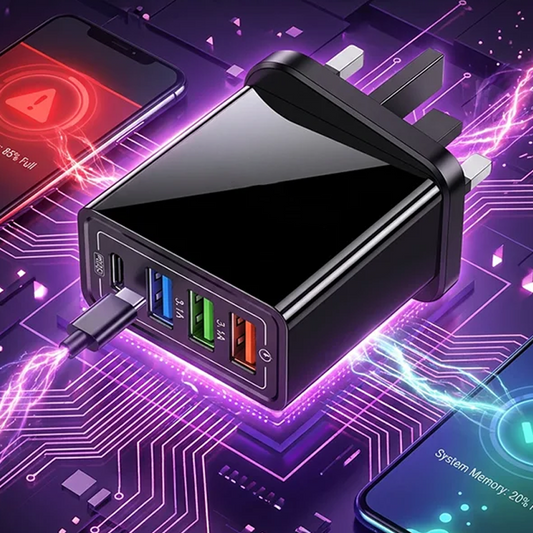 🔌 מטען USB עם 4 יציאות – 10W, חלוקת זרם חכמה, תאימות אוניברסלית. מושלם לנסיעות ולבית! ⚡✨