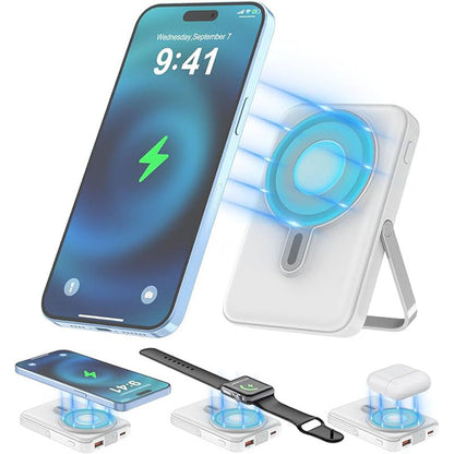 🔋 מטען נייד מגנטי 15W – 5000/10000mAh, מעמד מתכוונן. טוען טלפון, שעוע ואוזניות! 📱✨