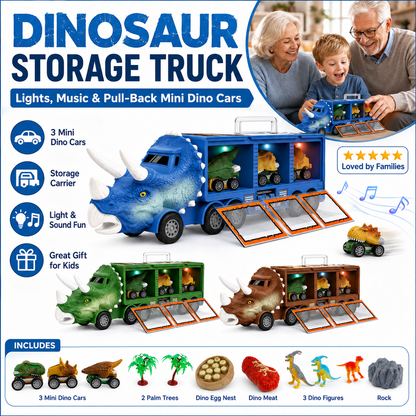 🦕 צעצוע דינוזאור עם אור ומוזיקה – משאית אחסון, 3 מכוניות, כיף אינטראקטיבי! 🚗🎶
