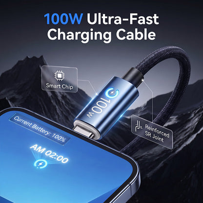 ⚡ כבל טעינה מהיר 100W – Type‑C, ניתוק אוטומטי, שבב חכם. סרוג ניילון ועמיד – מטעין הכל! ✨🔌