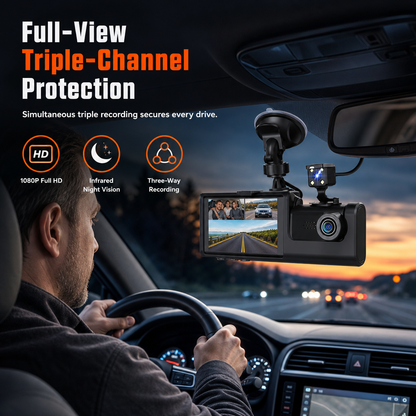 🚗 מצלמת דרך תלת‑ערוצית – 1080P, 170°, צילום לילה אינפרא‑אדום, נעילה אוטומטית בהתנגשות. בטיחות בכביש! ✨🛡️