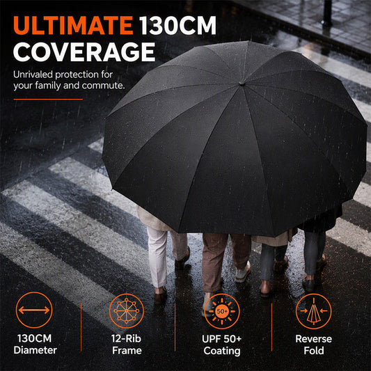 ☔ מטריית סערה XL 130 ס"מ – 12 צלעות, UPF 50+, מקום ל‑4 אנשים. שומרת על כל המשפחה יבשה! ✨🌧️