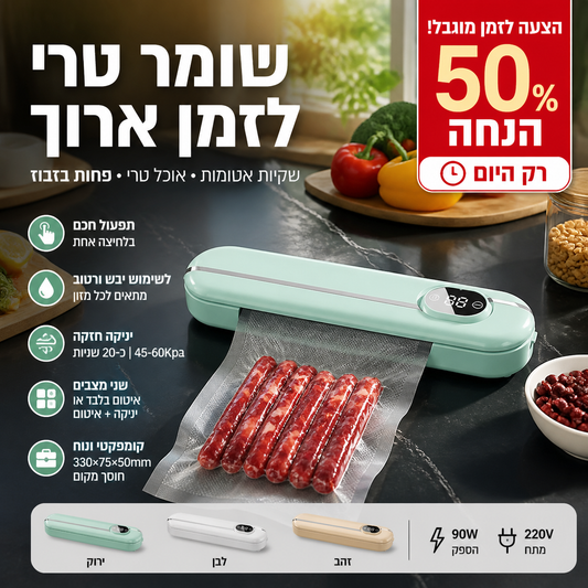 🥫 אוטם ואקום אוטומטי – 45–60Kpa, 20 שניות, אוכל יבש ורטוב. מאריך חיי מדף – קומפקטי ופשוט! 🔒✨
